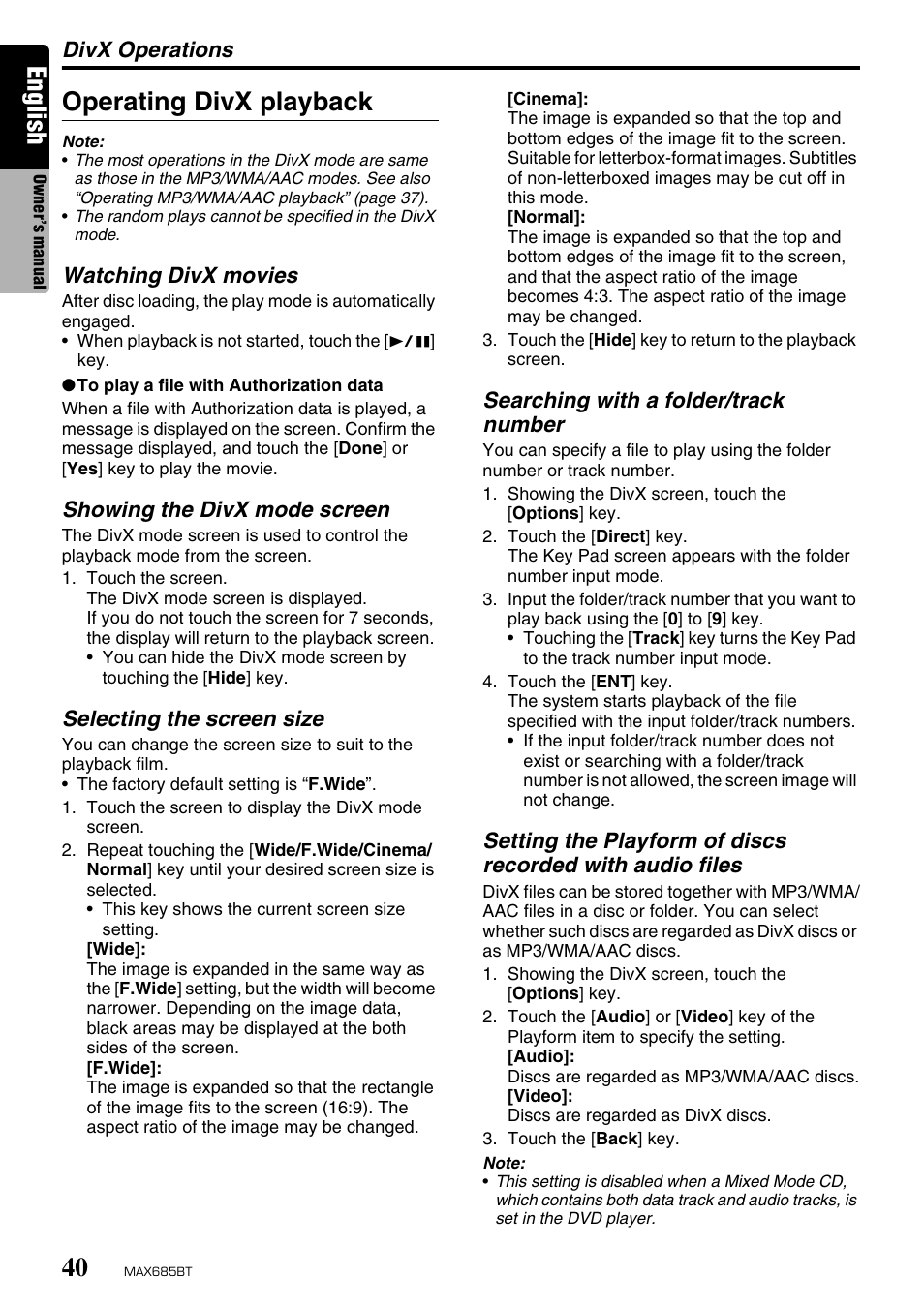 English, Operating divx playback | Clarion MAX685BT User Manual | Page 42 / 83