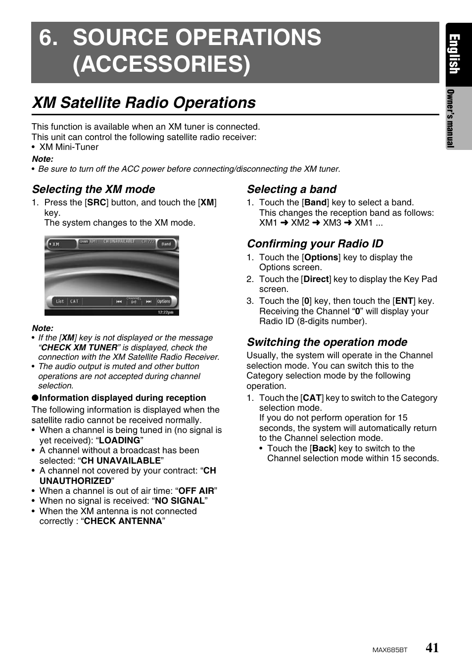 Source operations (accessories), Xm satellite radio operations, English | Clarion MAX685BT User Manual | Page 43 / 83