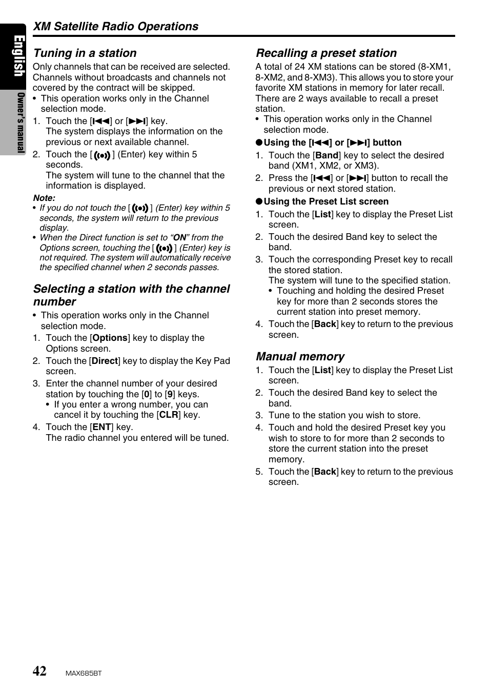 English, Xm satellite radio operations, Tuning in a station | Selecting a station with the channel number, Recalling a preset station | Clarion MAX685BT User Manual | Page 44 / 83