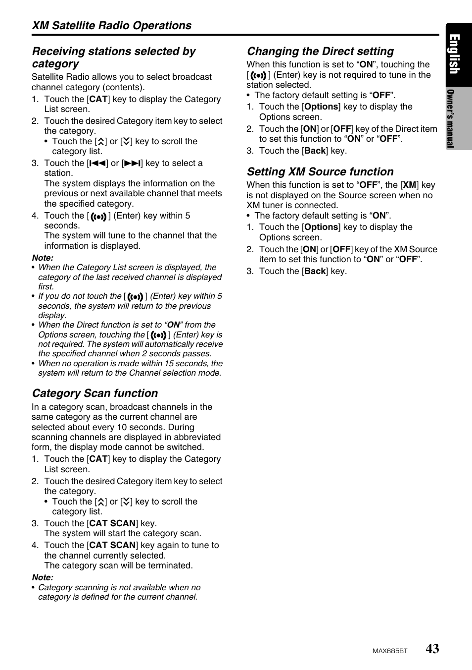English, Xm satellite radio operations, Receiving stations selected by category | Category scan function, Changing the direct setting, Setting xm source function | Clarion MAX685BT User Manual | Page 45 / 83