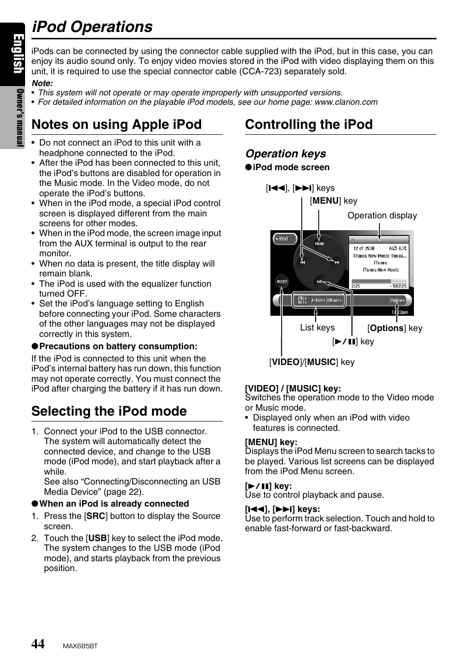 Ipod operations, English, Selecting the ipod mode | Controlling the ipod | Clarion MAX685BT User Manual | Page 46 / 83