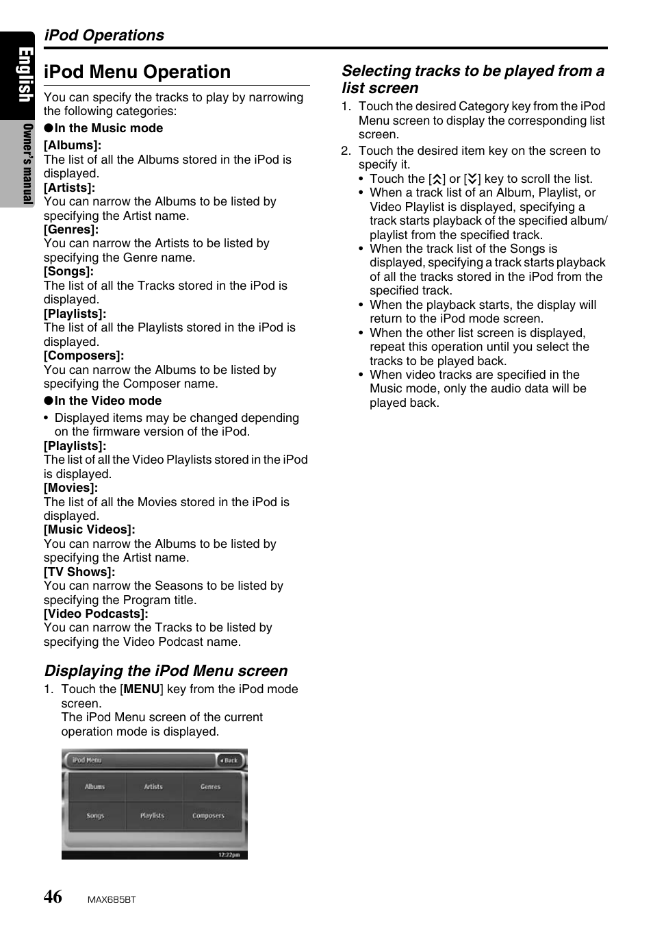 English, Ipod menu operation | Clarion MAX685BT User Manual | Page 48 / 83