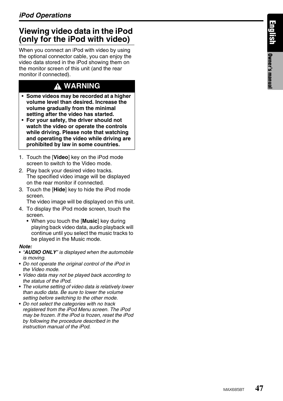 English, Warning | Clarion MAX685BT User Manual | Page 49 / 83