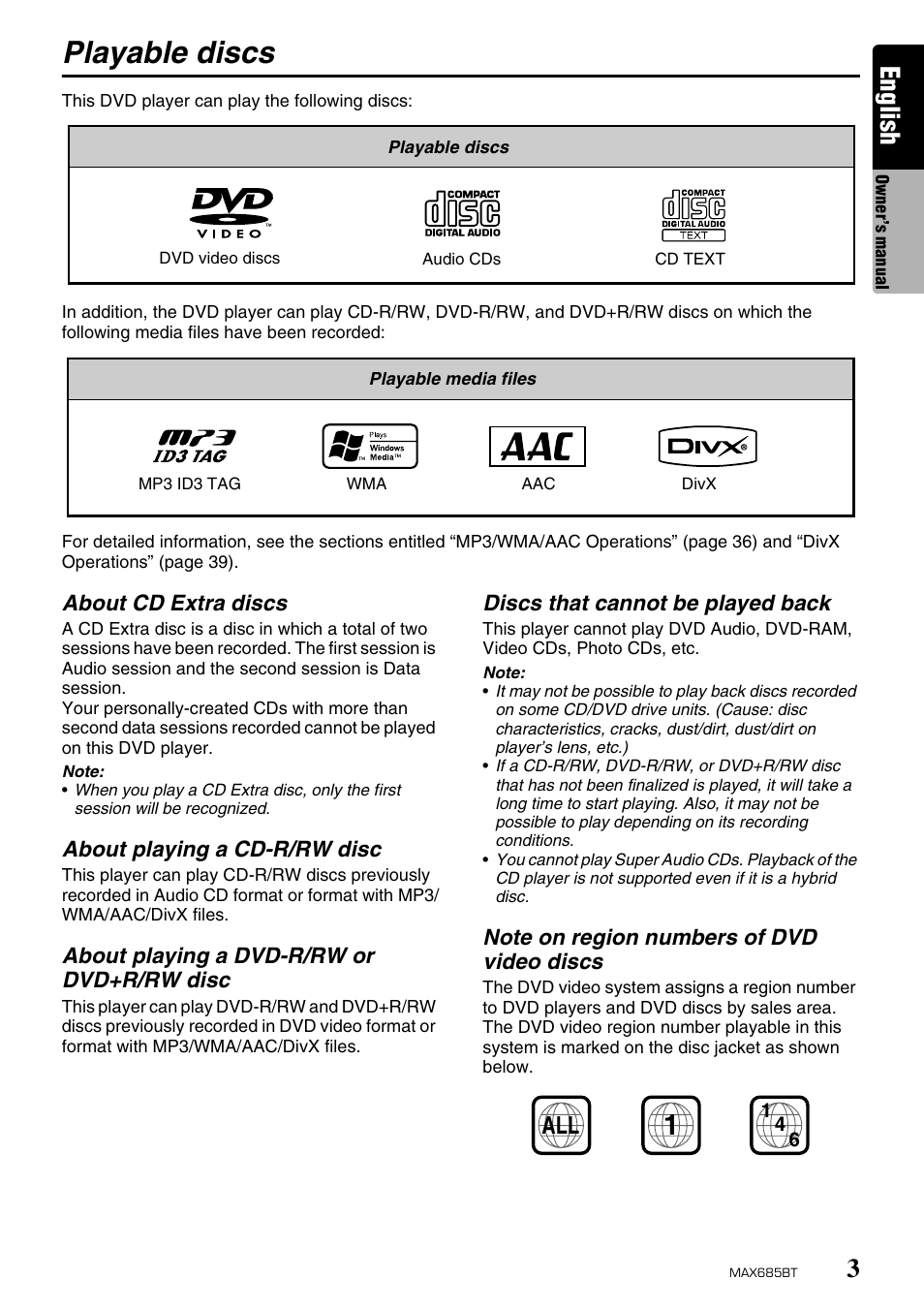 Playable discs, English | Clarion MAX685BT User Manual | Page 5 / 83