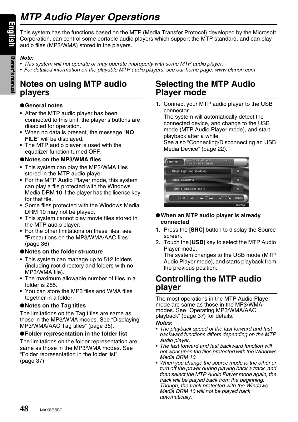 Mtp audio player operations, English, Selecting the mtp audio player mode | Controlling the mtp audio player | Clarion MAX685BT User Manual | Page 50 / 83