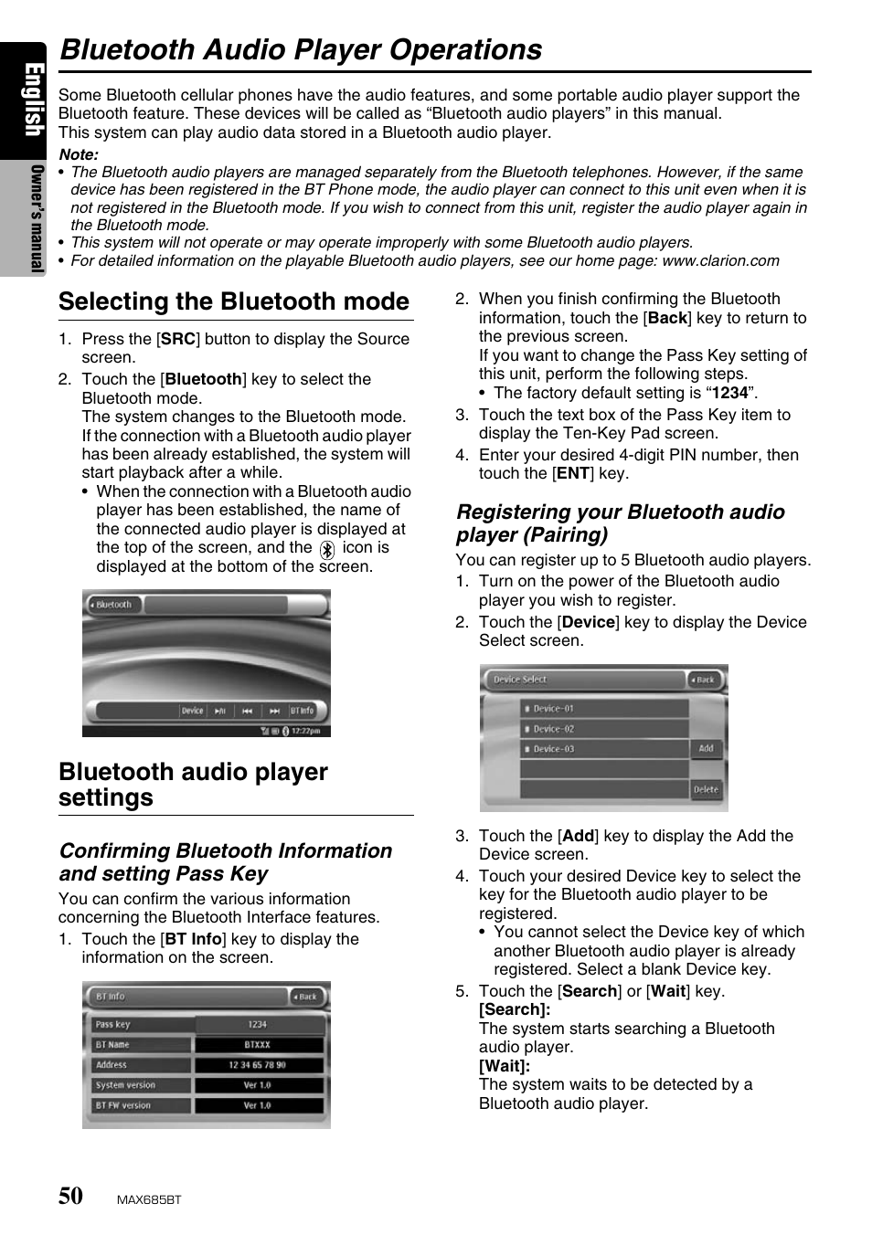 Bluetooth audio player operations, English, Selecting the bluetooth mode | Bluetooth audio player settings | Clarion MAX685BT User Manual | Page 52 / 83