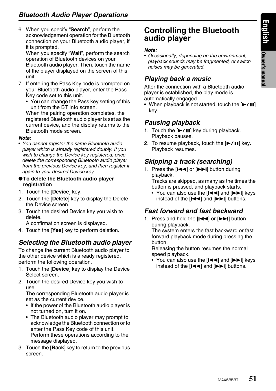 English, Controlling the bluetooth audio player | Clarion MAX685BT User Manual | Page 53 / 83