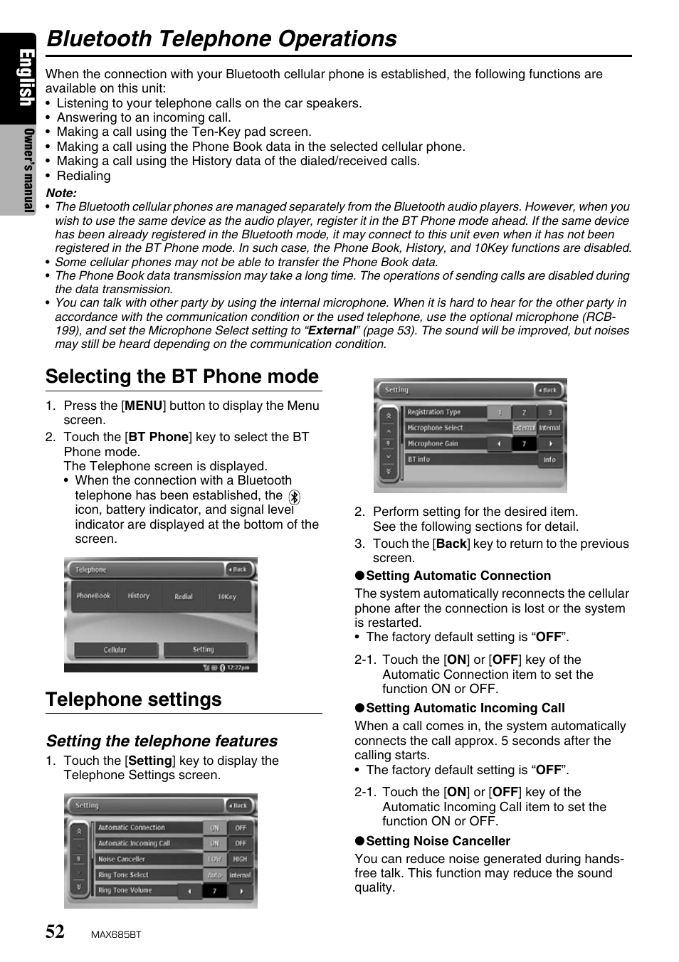 Bluetooth telephone operations, English, Selecting the bt phone mode | Telephone settings | Clarion MAX685BT User Manual | Page 54 / 83