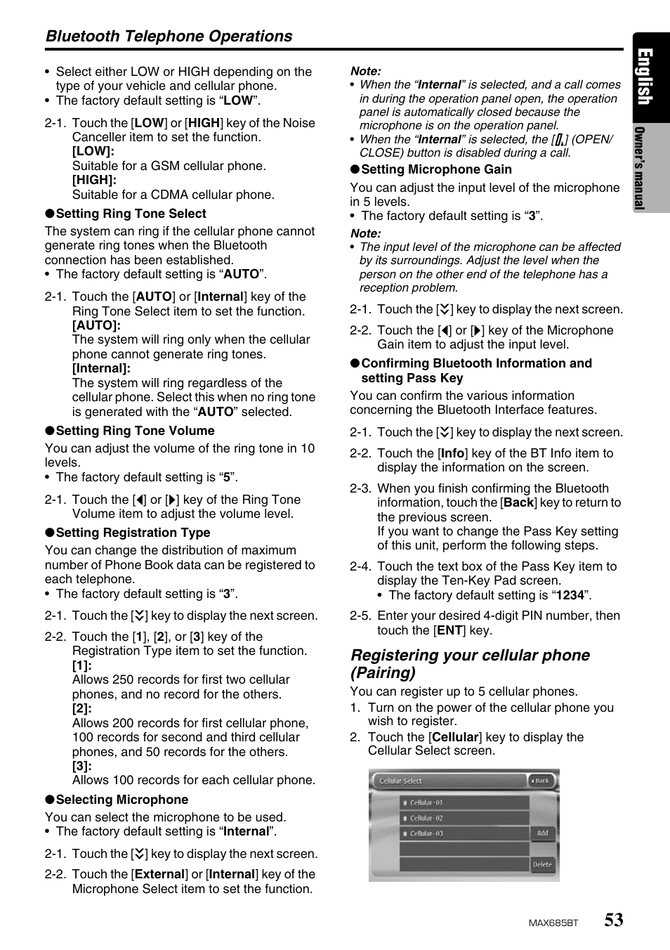 English, Bluetooth telephone operations, Registering your cellular phone (pairing) | Clarion MAX685BT User Manual | Page 55 / 83