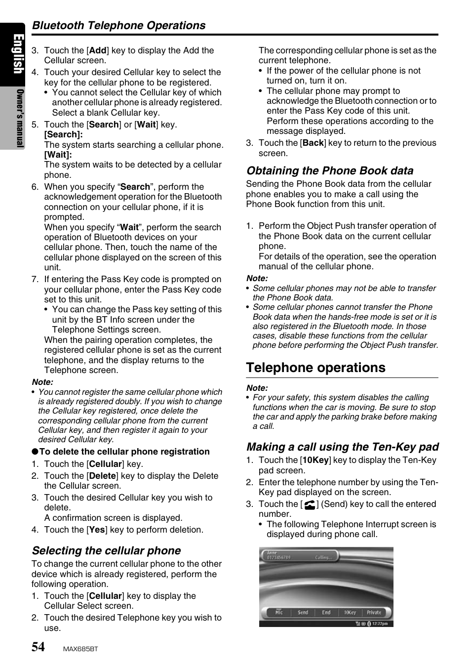 English, Telephone operations, Bluetooth telephone operations | Selecting the cellular phone, Obtaining the phone book data, Making a call using the ten-key pad | Clarion MAX685BT User Manual | Page 56 / 83
