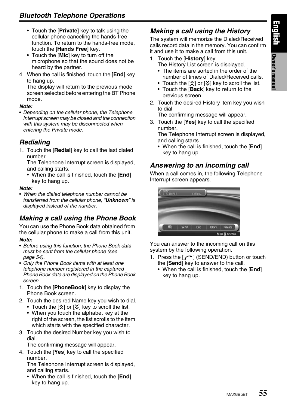 English, Bluetooth telephone operations, Redialing | Making a call using the phone book, Making a call using the history, Answering to an incoming call | Clarion MAX685BT User Manual | Page 57 / 83