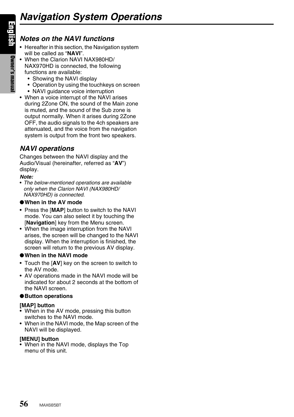 Navigation system operations, English | Clarion MAX685BT User Manual | Page 58 / 83