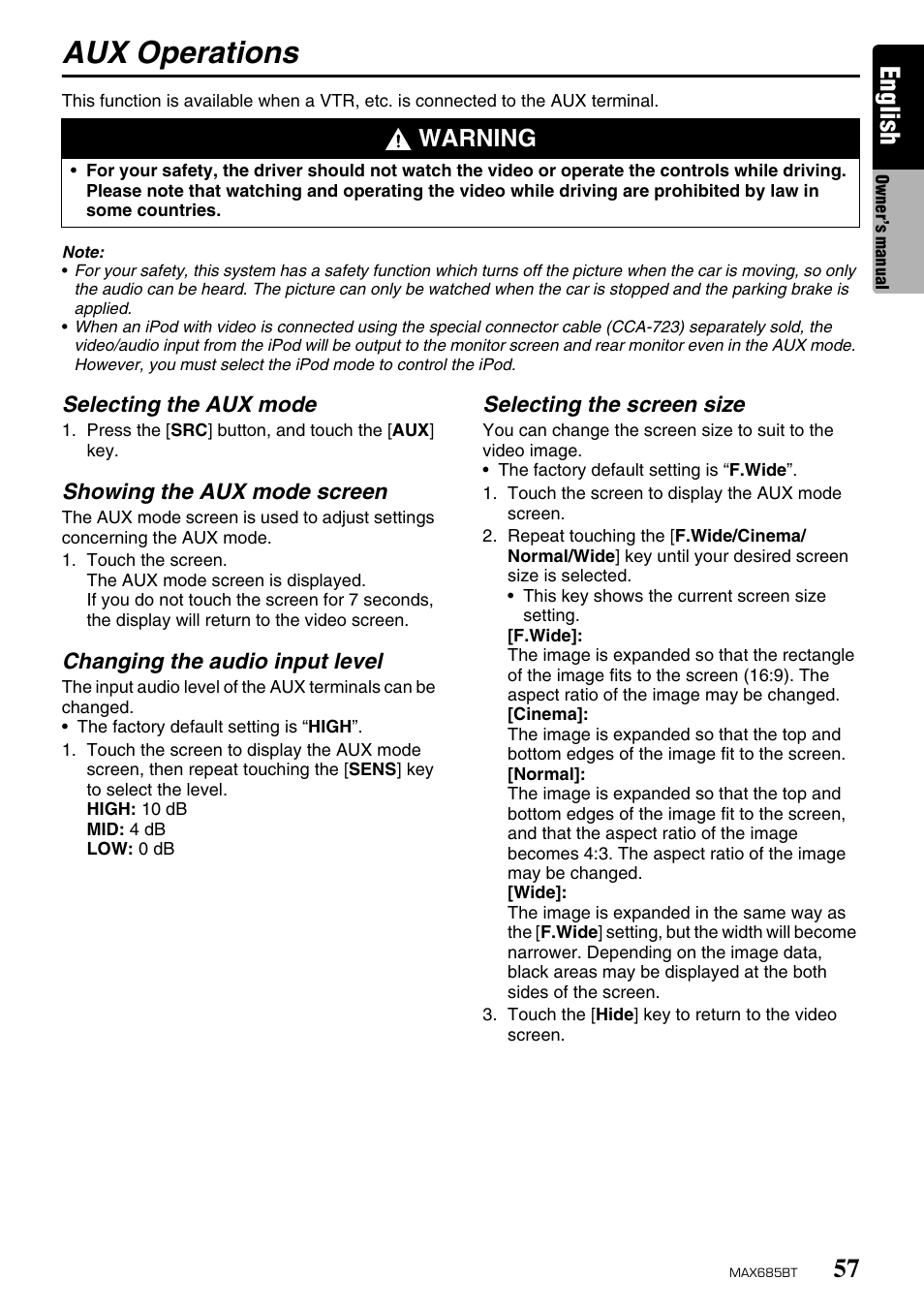 Aux operations, English, Warning | Clarion MAX685BT User Manual | Page 59 / 83
