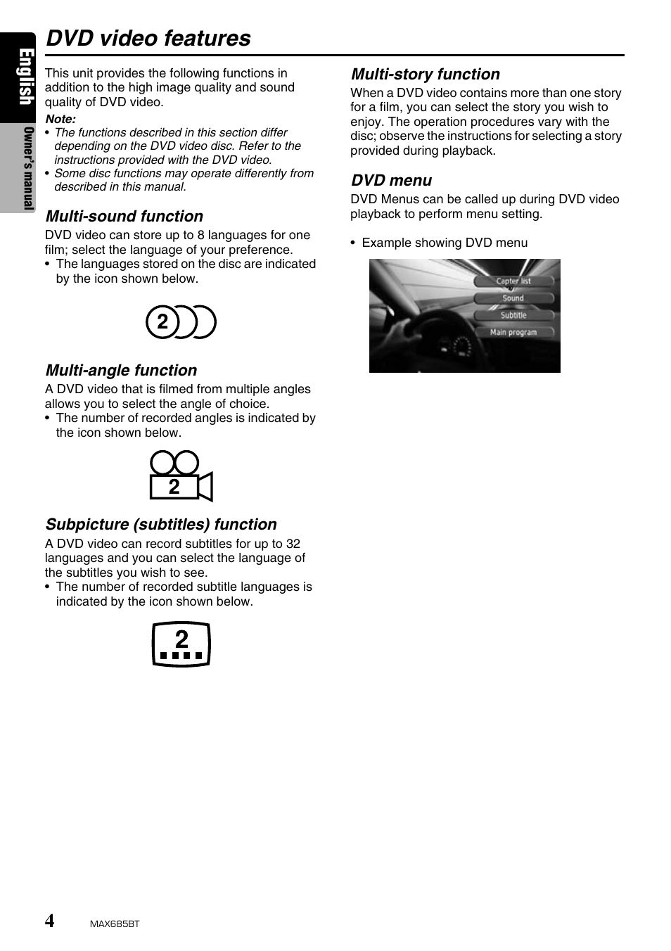 Dvd video features, English | Clarion MAX685BT User Manual | Page 6 / 83