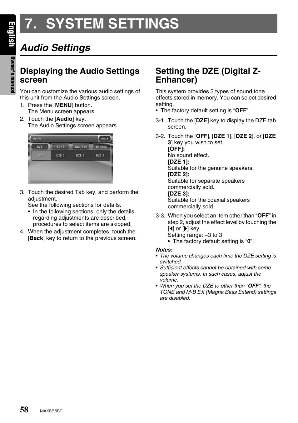 System settings, Audio settings, English | Displaying the audio settings screen, Setting the dze (digital z- enhancer) | Clarion MAX685BT User Manual | Page 60 / 83