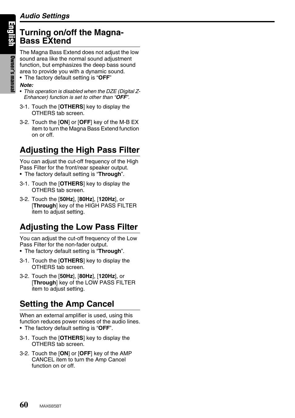 English, Turning on/off the magna- bass extend, Adjusting the high pass filter | Adjusting the low pass filter, Setting the amp cancel | Clarion MAX685BT User Manual | Page 62 / 83