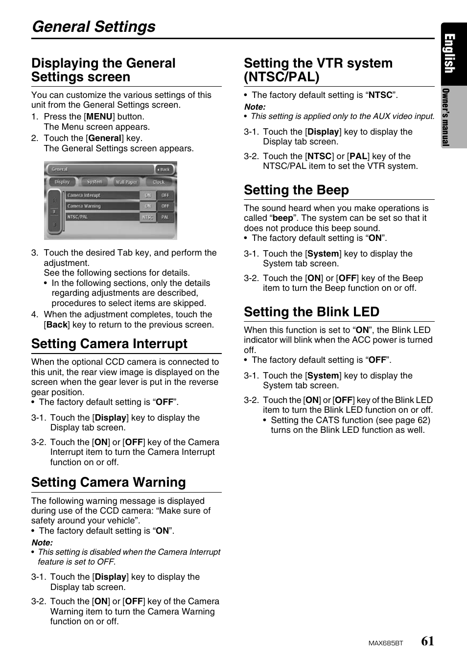 General settings, English, Displaying the general settings screen | Setting camera interrupt, Setting camera warning, Setting the vtr system (ntsc/pal), Setting the beep, Setting the blink led | Clarion MAX685BT User Manual | Page 63 / 83