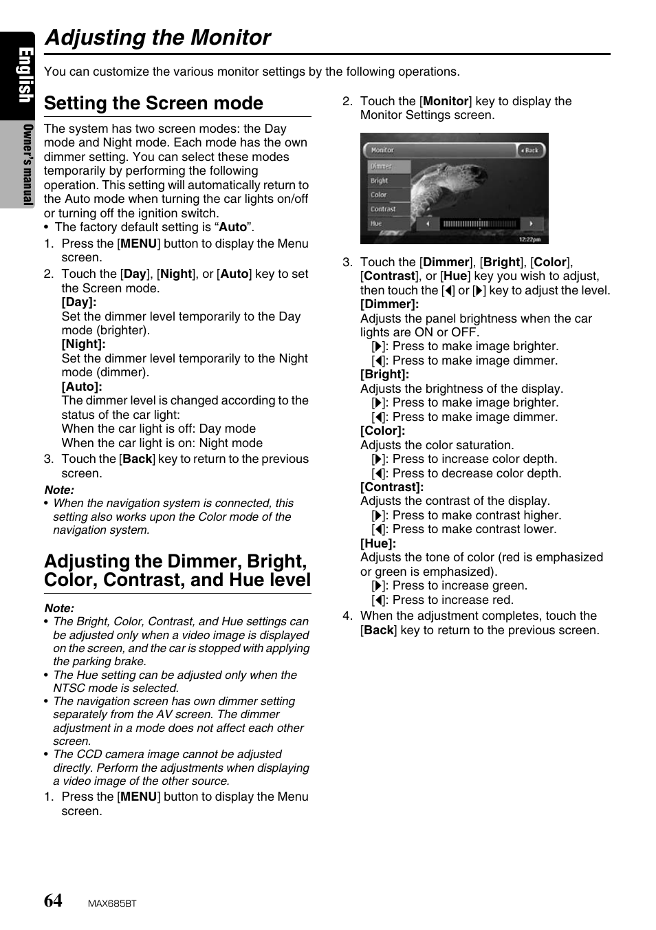 Adjusting the monitor, English, Setting the screen mode | Clarion MAX685BT User Manual | Page 66 / 83