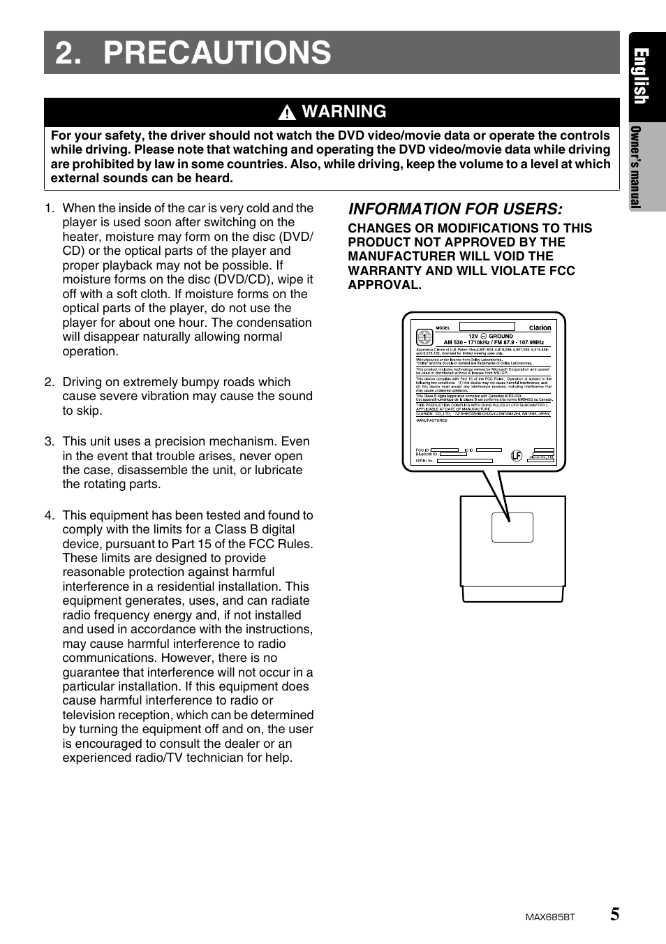 Precautions, English, Warning | Clarion MAX685BT User Manual | Page 7 / 83