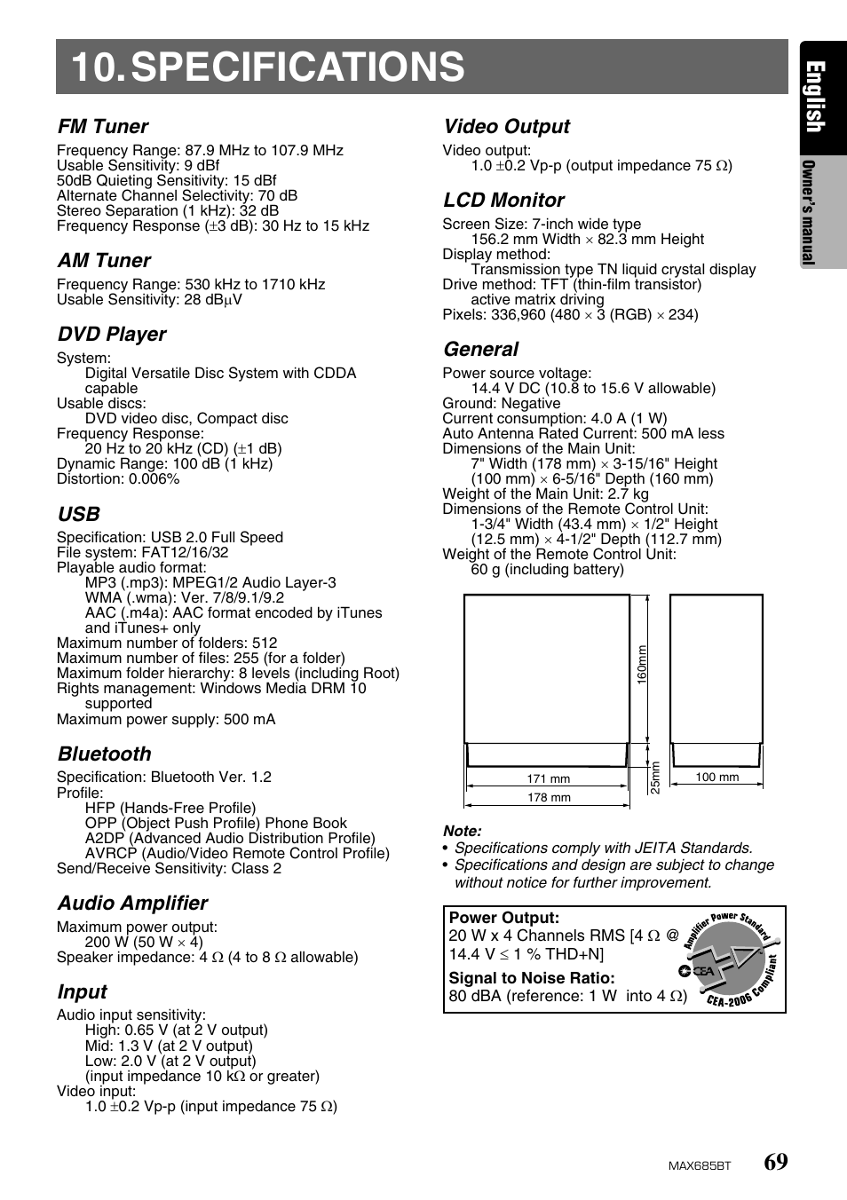 Specifications, English, Fm tuner | Am tuner, Dvd player, Bluetooth, Audio amplifier, Input, Video output, Lcd monitor | Clarion MAX685BT User Manual | Page 71 / 83