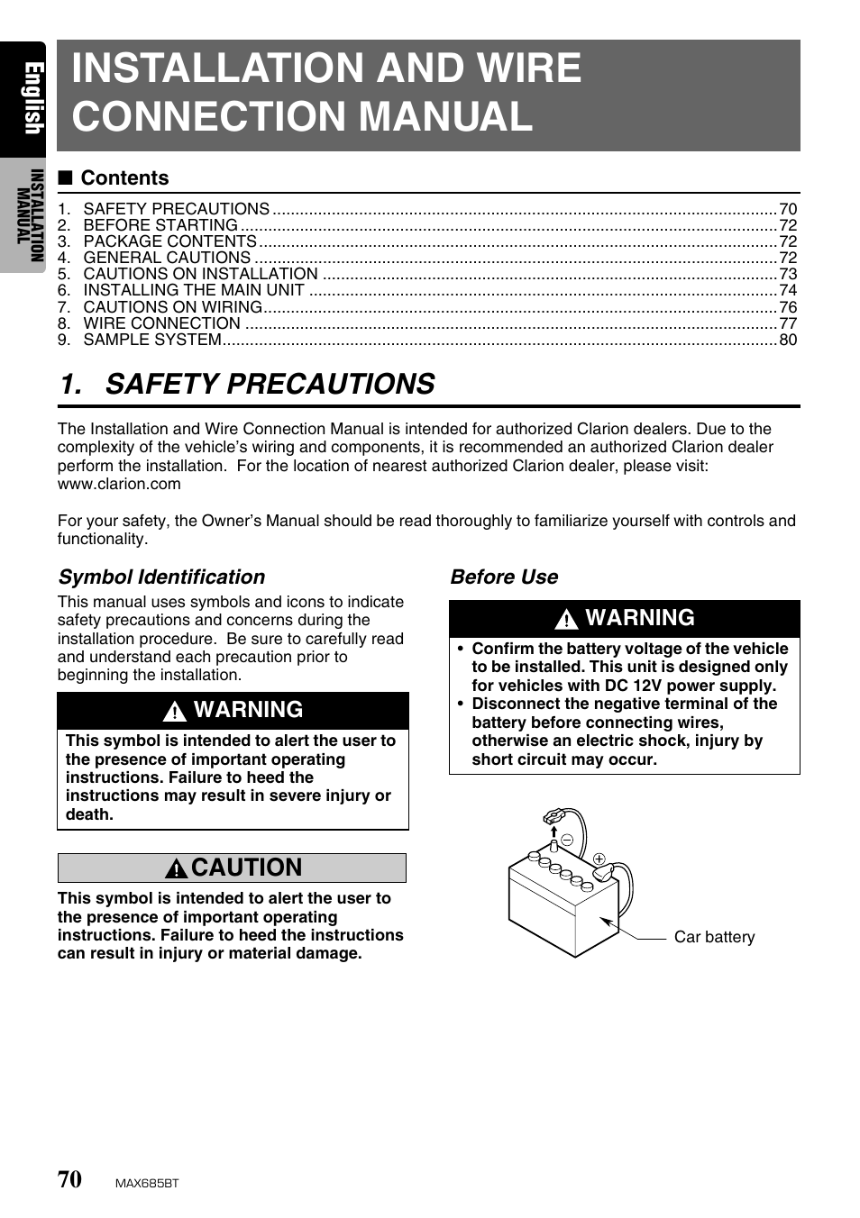 Installation and wire connection manual, Safety precautions, English | Caution, Warning | Clarion MAX685BT User Manual | Page 72 / 83