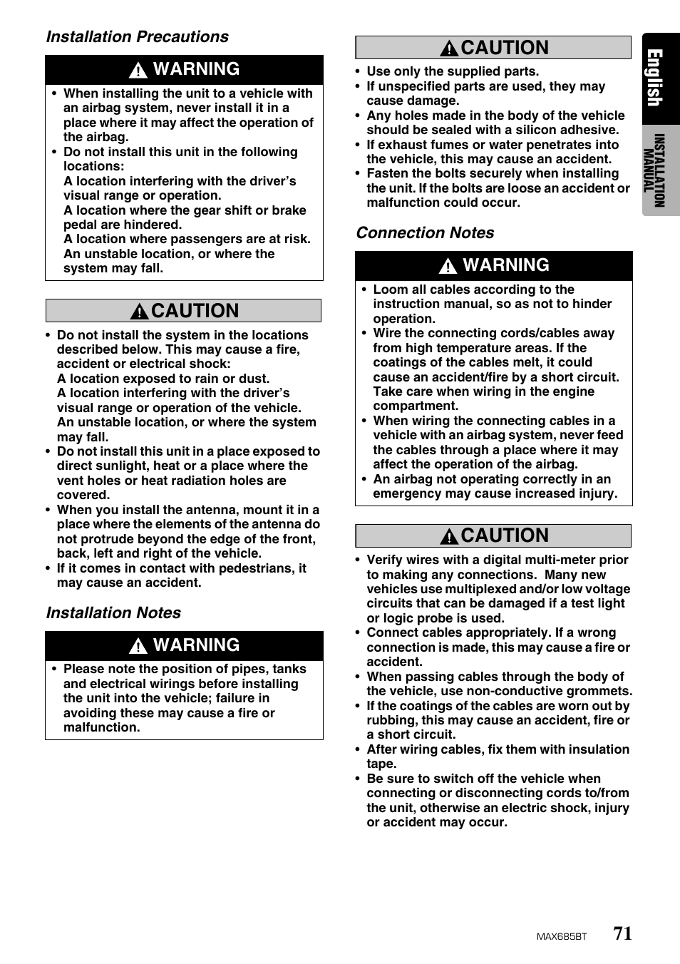 English, Caution, Warning | Installation precautions | Clarion MAX685BT User Manual | Page 73 / 83