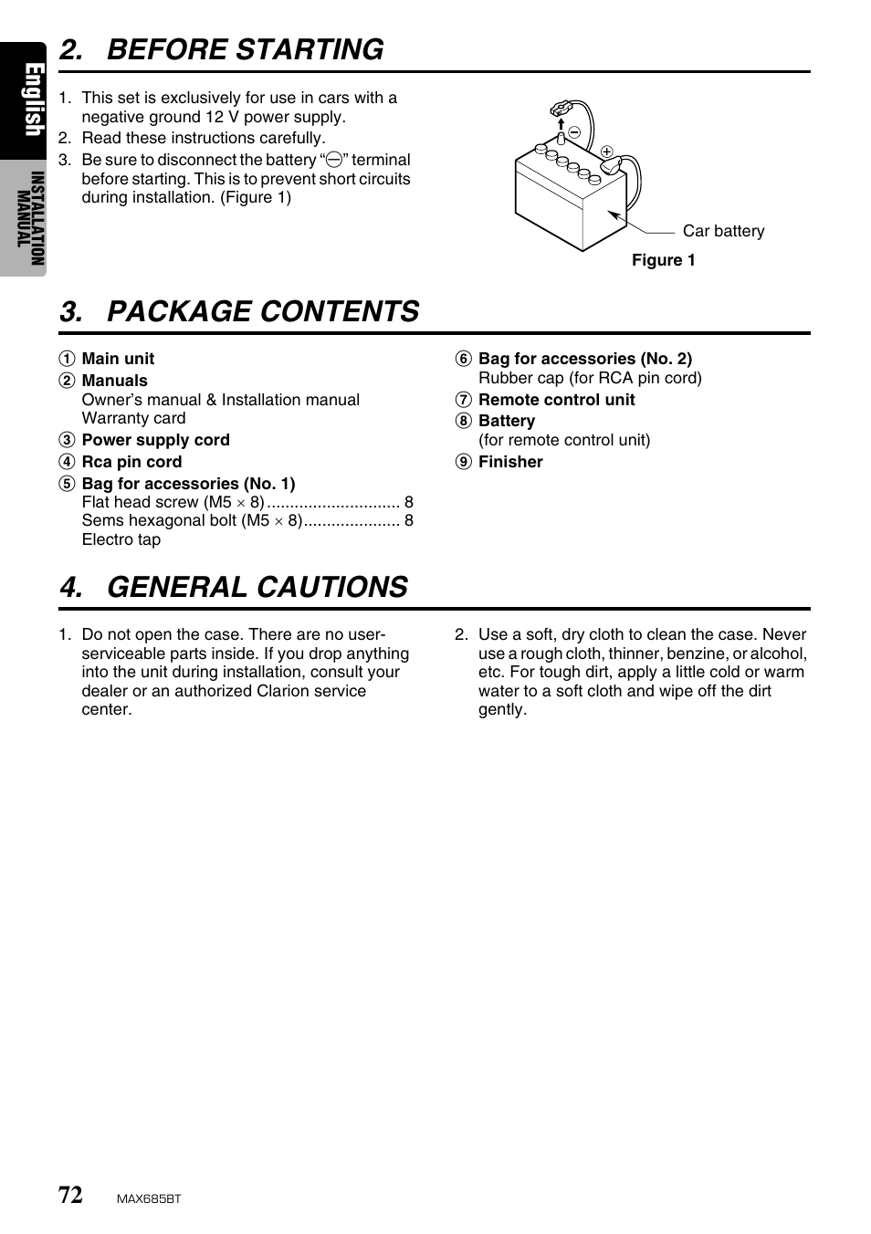 Before starting, Package contents, General cautions | English | Clarion MAX685BT User Manual | Page 74 / 83