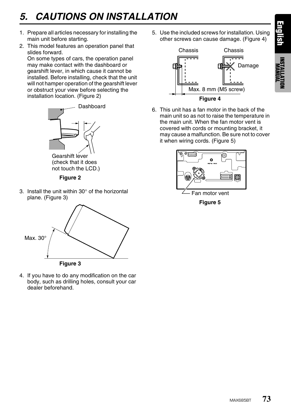 Cautions on installation, English | Clarion MAX685BT User Manual | Page 75 / 83