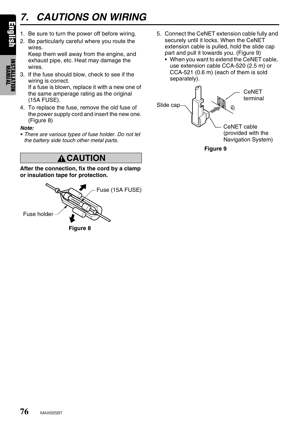 Cautions on wiring, English, Caution | Clarion MAX685BT User Manual | Page 78 / 83