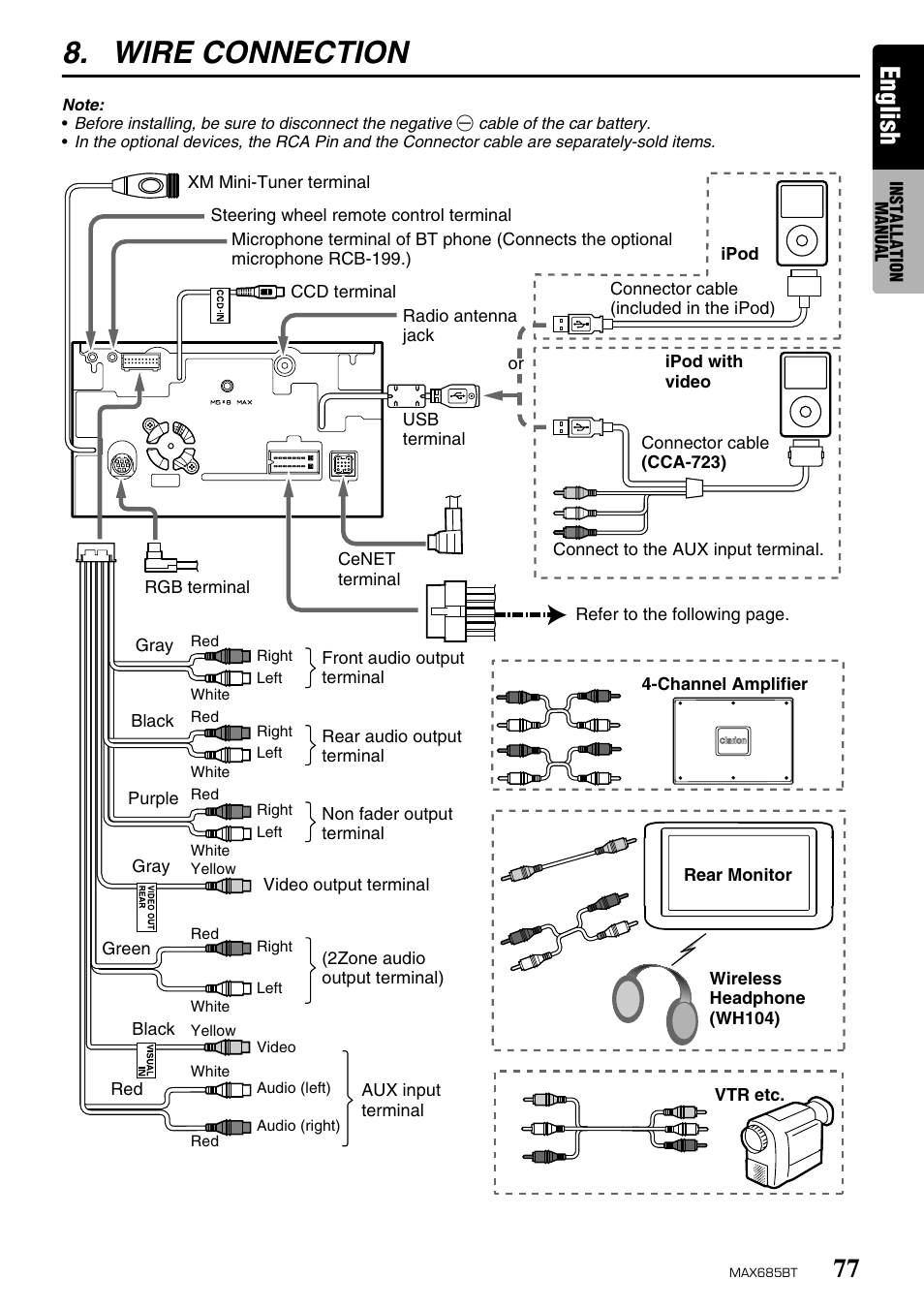 Wire connection, English | Clarion MAX685BT User Manual | Page 79 / 83