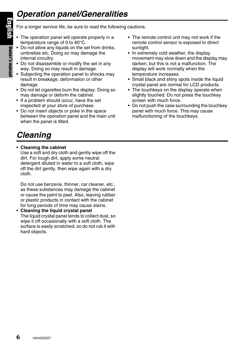 Operation panel/generalities, Cleaning, English | Clarion MAX685BT User Manual | Page 8 / 83