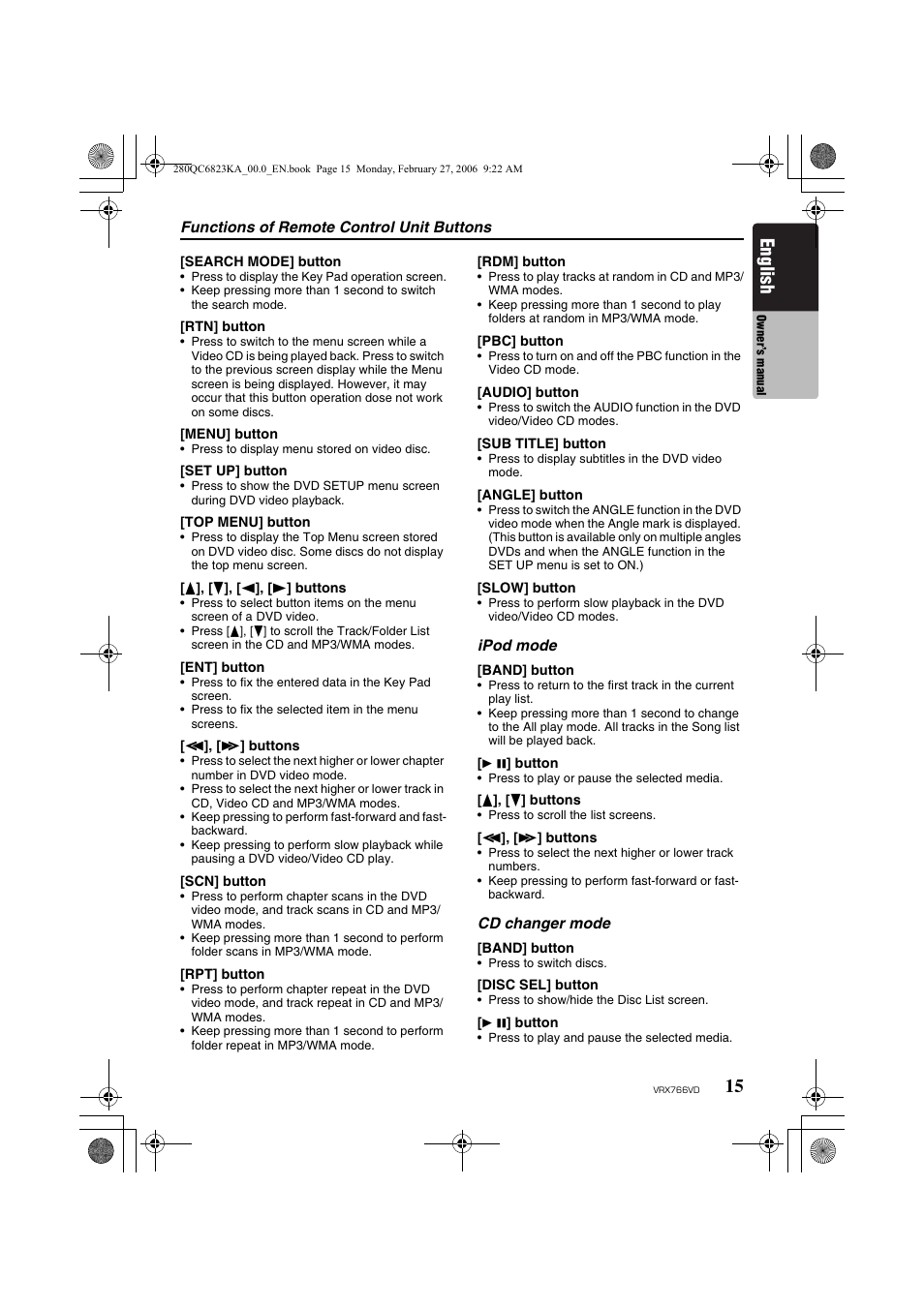 English | Clarion VRX766VD User Manual | Page 15 / 76