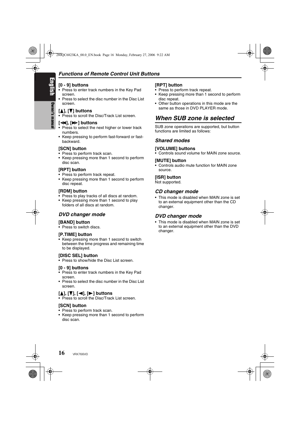English, When sub zone is selected | Clarion VRX766VD User Manual | Page 16 / 76