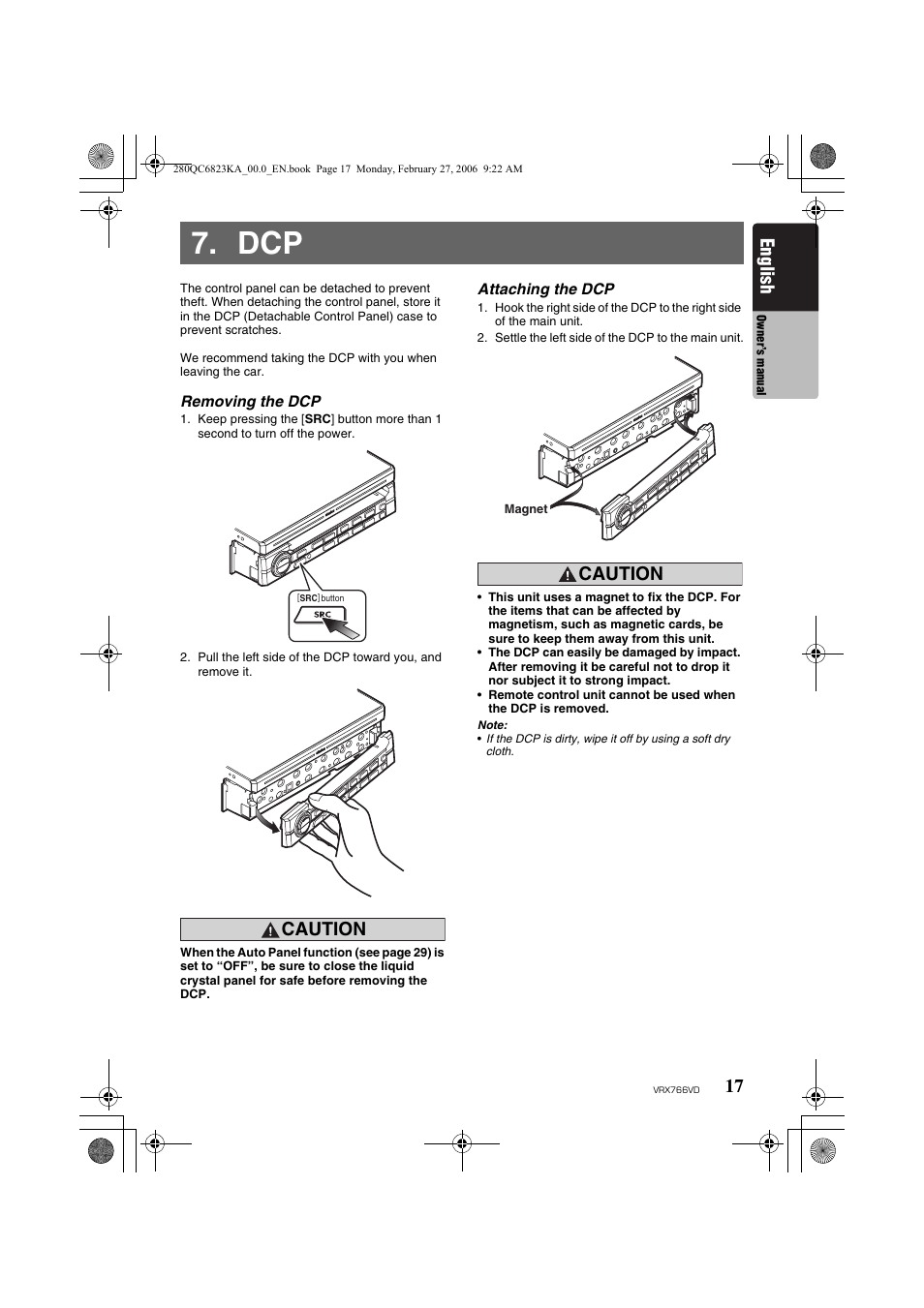 English, Caution | Clarion VRX766VD User Manual | Page 17 / 76