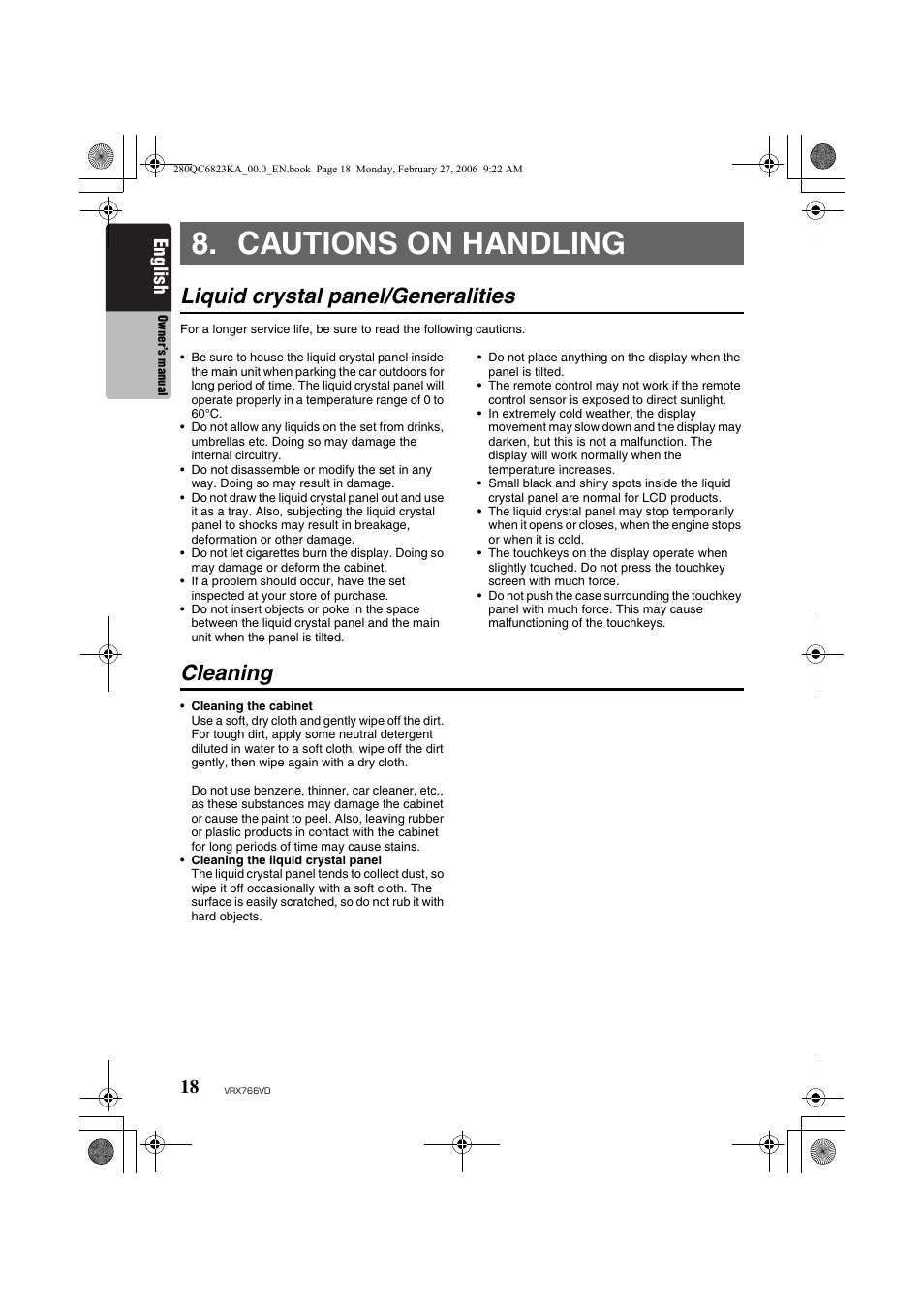Cautions on handling, Liquid crystal panel/generalities, Cleaning | English | Clarion VRX766VD User Manual | Page 18 / 76