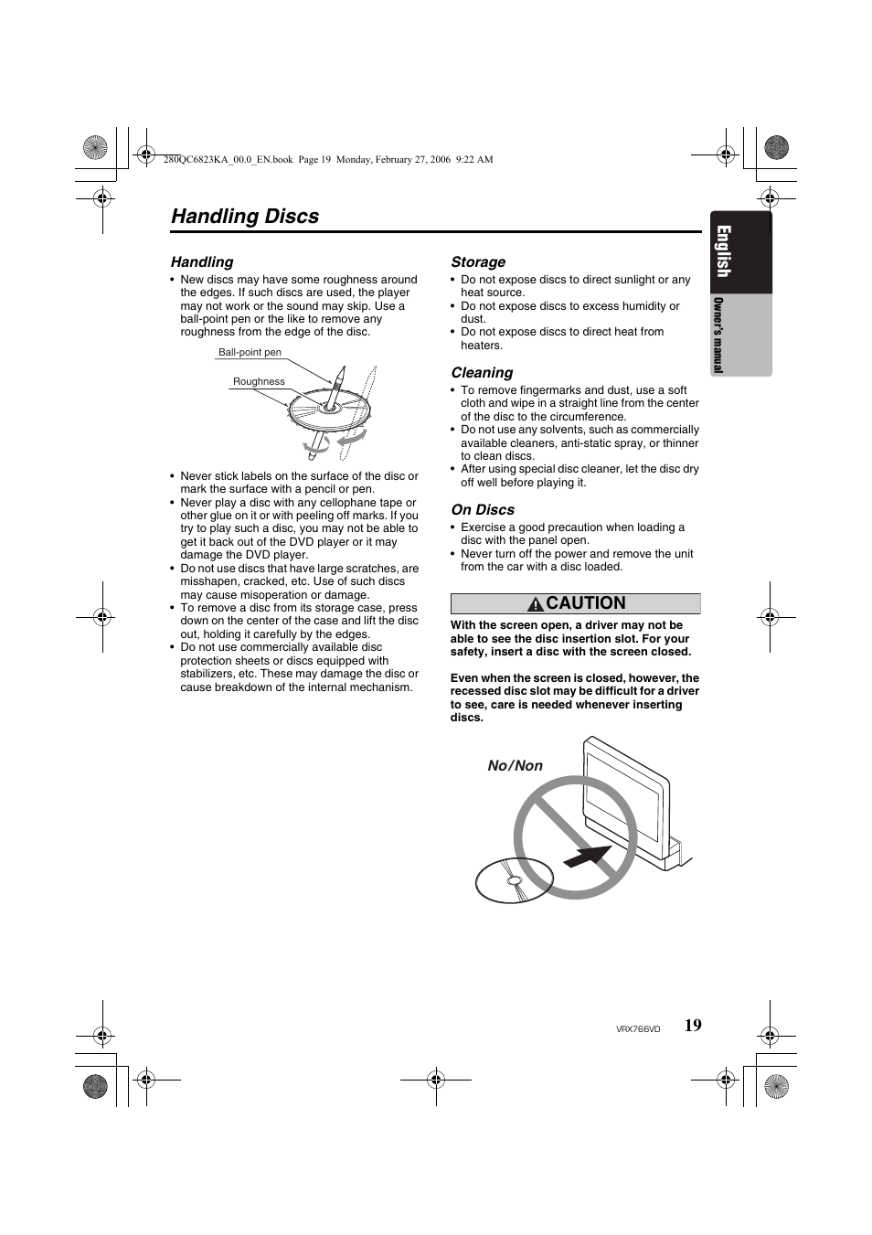 Handling discs, English, Caution | Clarion VRX766VD User Manual | Page 19 / 76