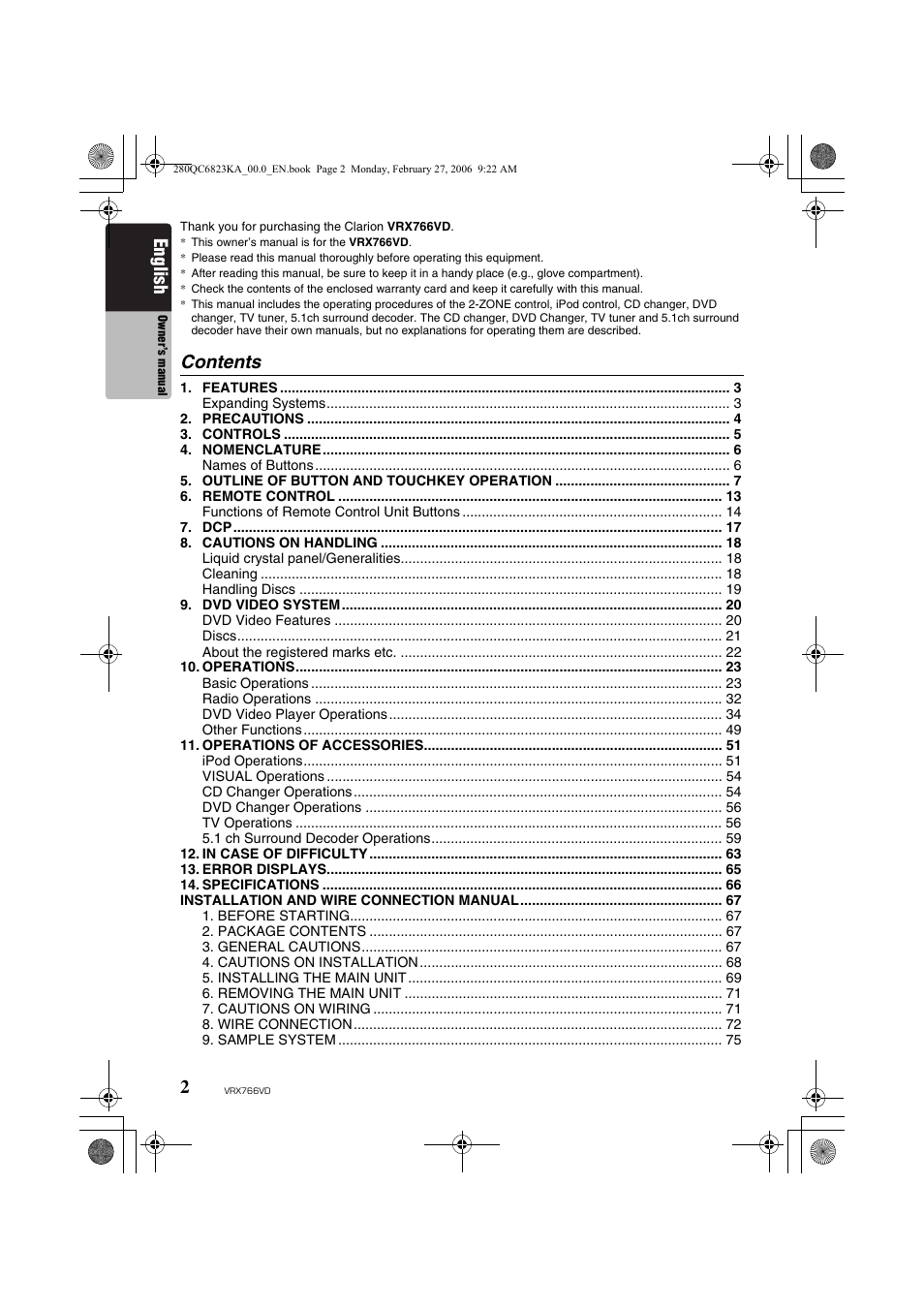 Clarion VRX766VD User Manual | Page 2 / 76