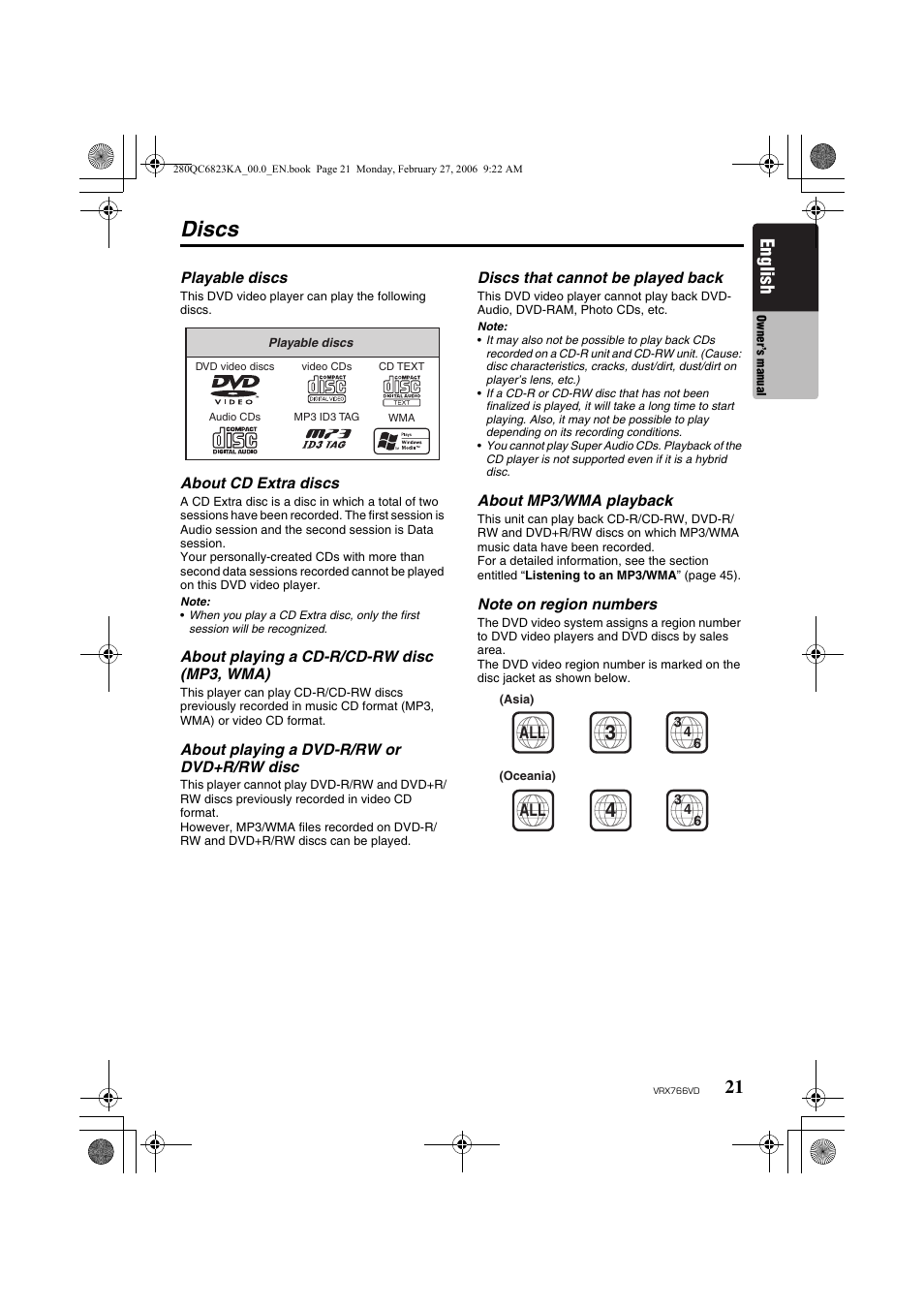 Discs, English | Clarion VRX766VD User Manual | Page 21 / 76