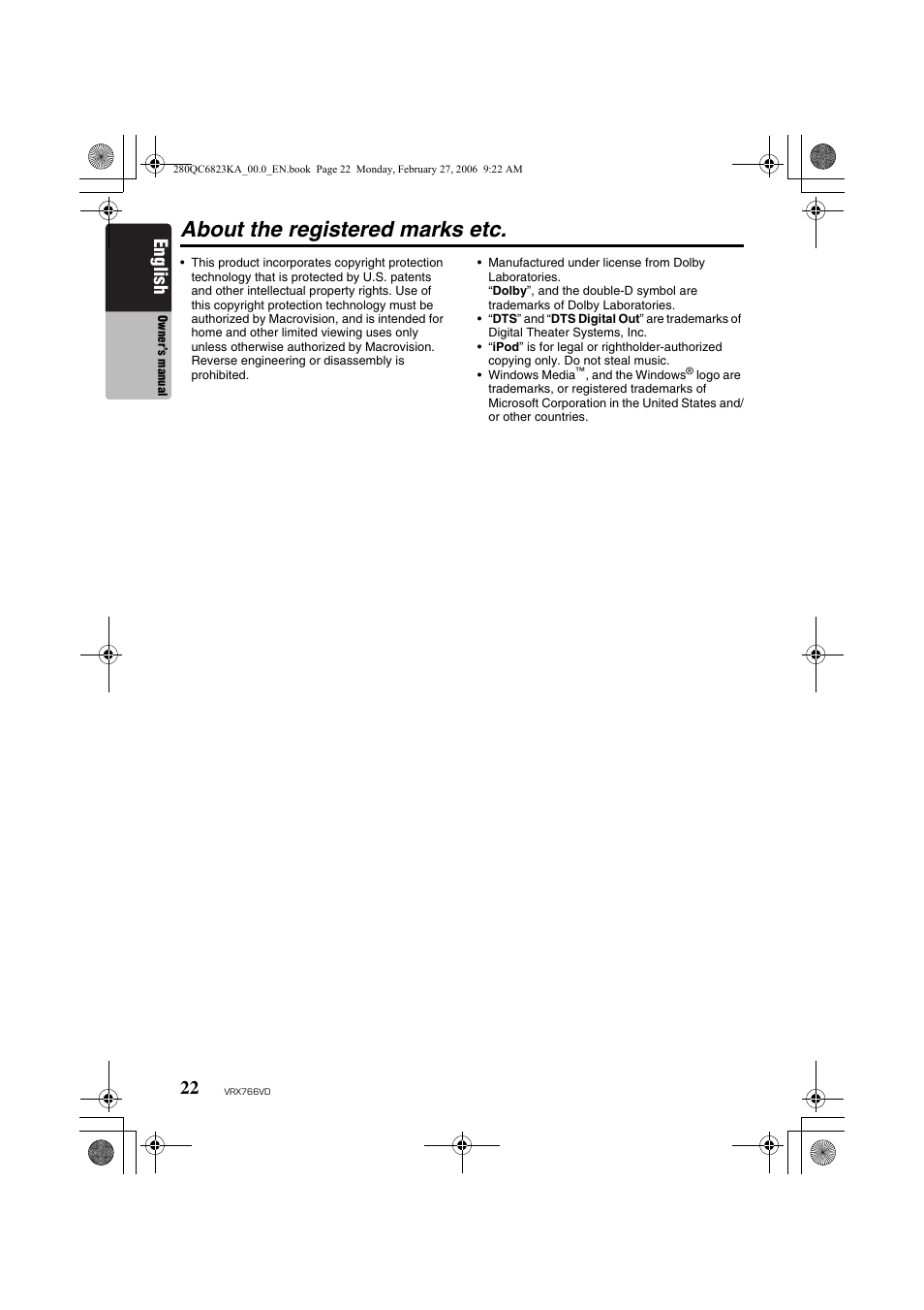 About the registered marks etc, English | Clarion VRX766VD User Manual | Page 22 / 76