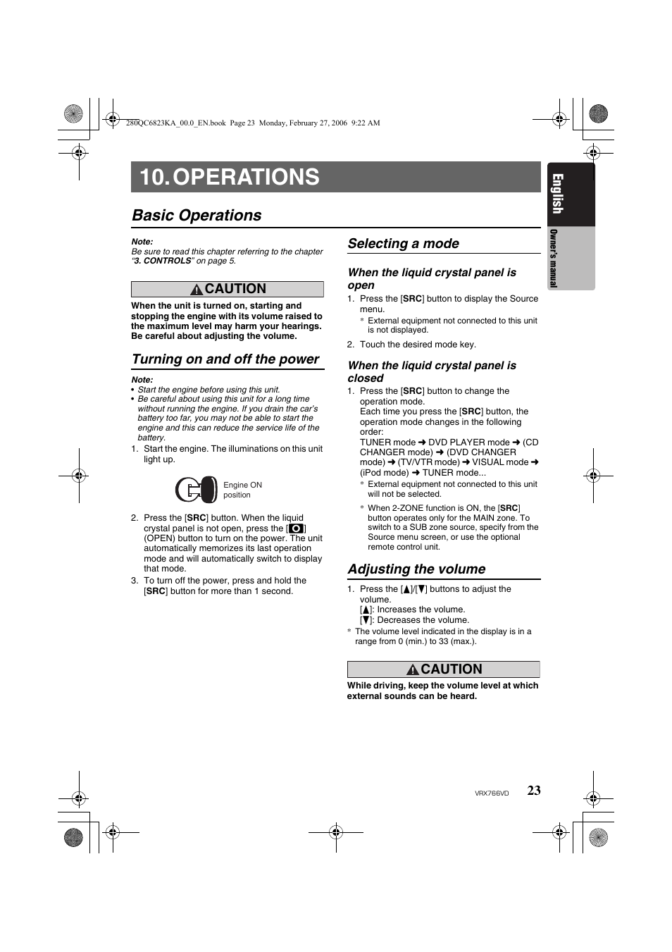 Operations, Basic operations, Turning on and off the power | Selecting a mode, Adjusting the volume, English, Caution | Clarion VRX766VD User Manual | Page 23 / 76