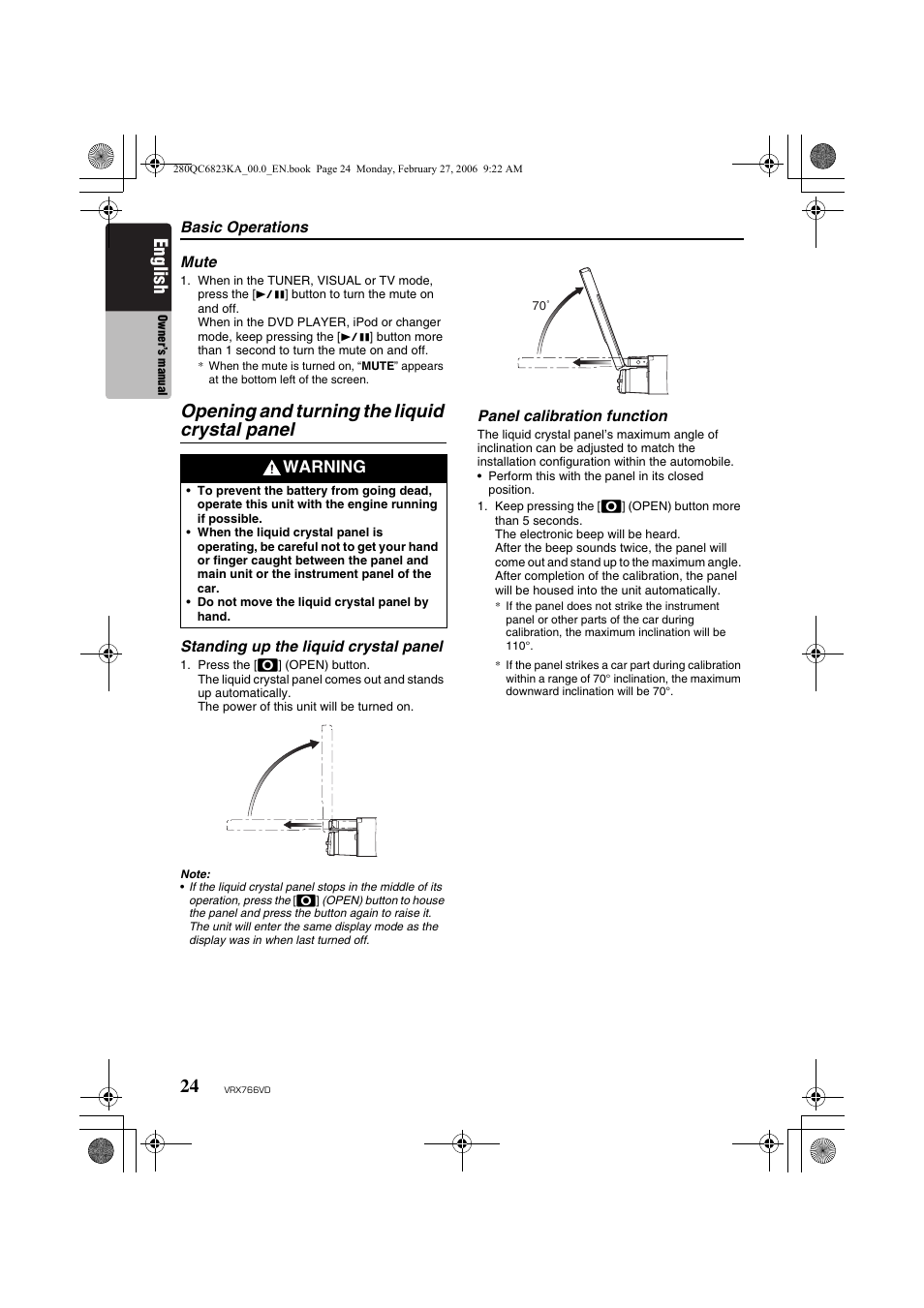 Opening and turning the liquid crystal panel, English, Warning | Clarion VRX766VD User Manual | Page 24 / 76