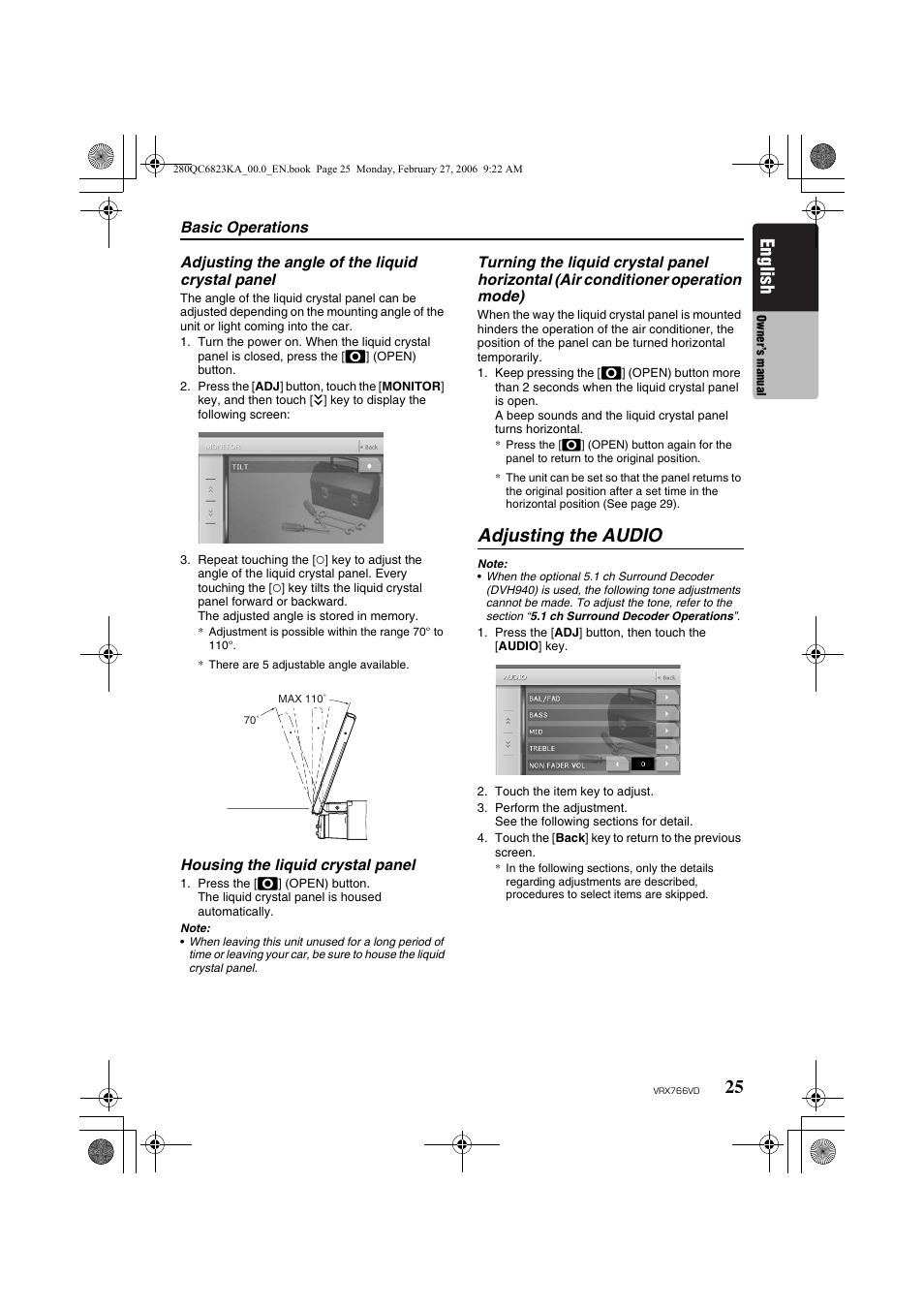 Adjusting the audio, English | Clarion VRX766VD User Manual | Page 25 / 76