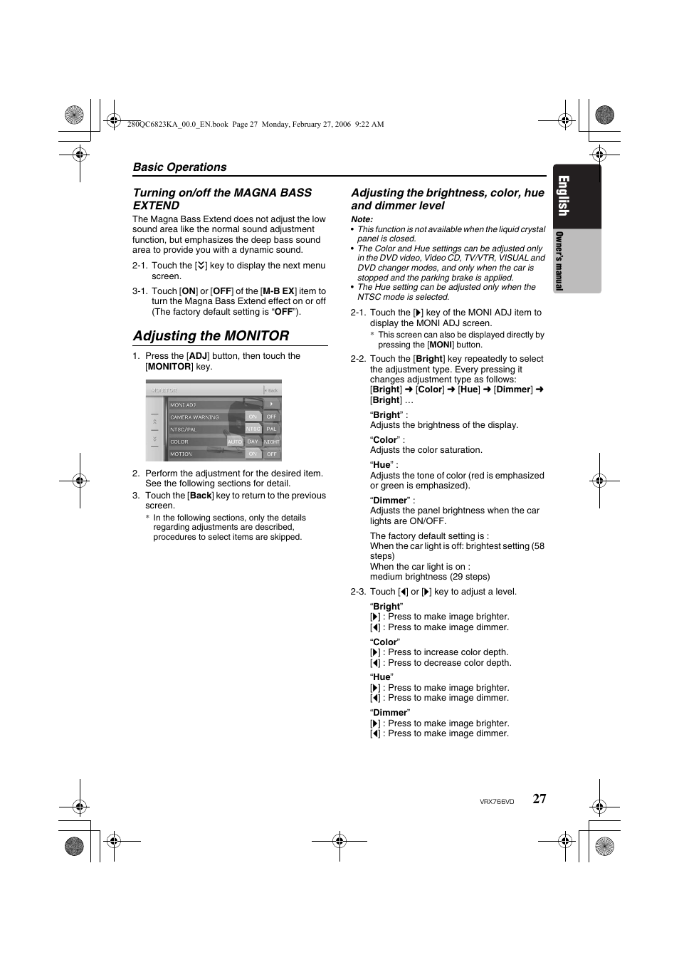 Adjusting the monitor, English | Clarion VRX766VD User Manual | Page 27 / 76