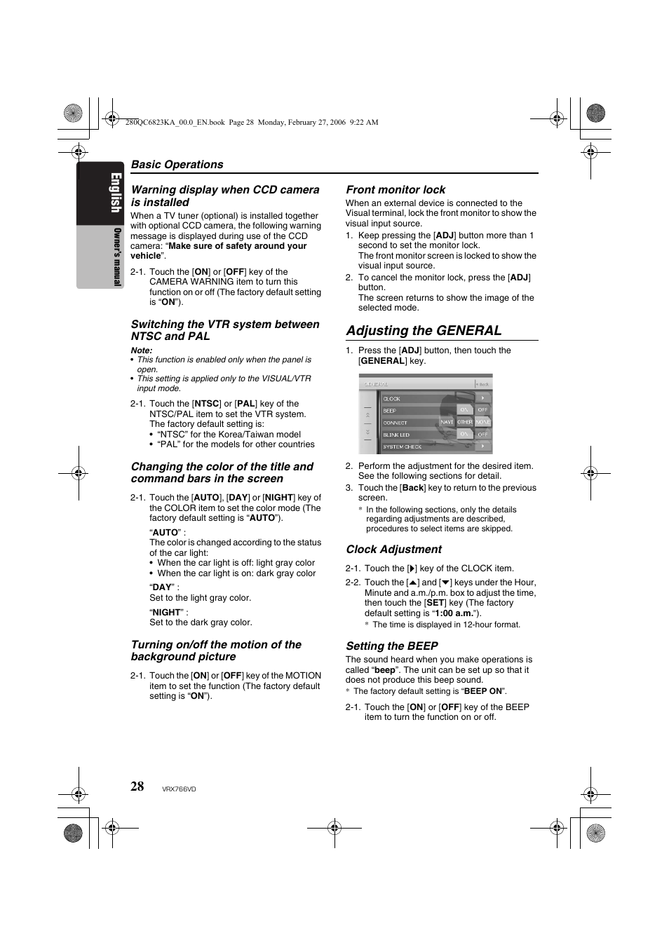 Adjusting the general, English | Clarion VRX766VD User Manual | Page 28 / 76