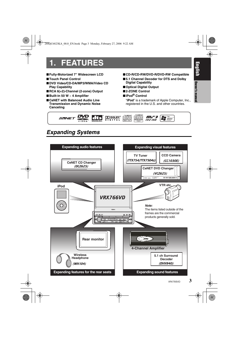 Features, Expanding systems, English | Clarion VRX766VD User Manual | Page 3 / 76