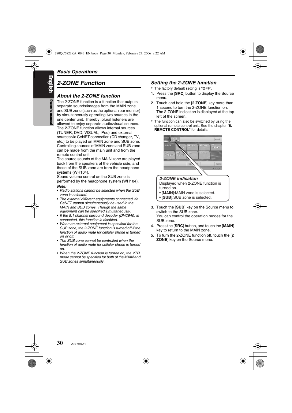 Zone function, English | Clarion VRX766VD User Manual | Page 30 / 76