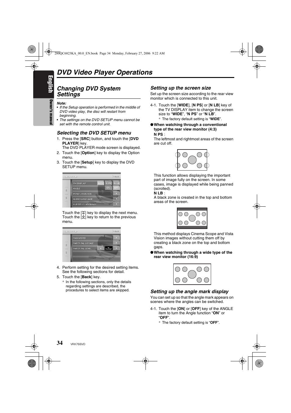 Dvd video player operations, Changing dvd system settings, English | Clarion VRX766VD User Manual | Page 34 / 76