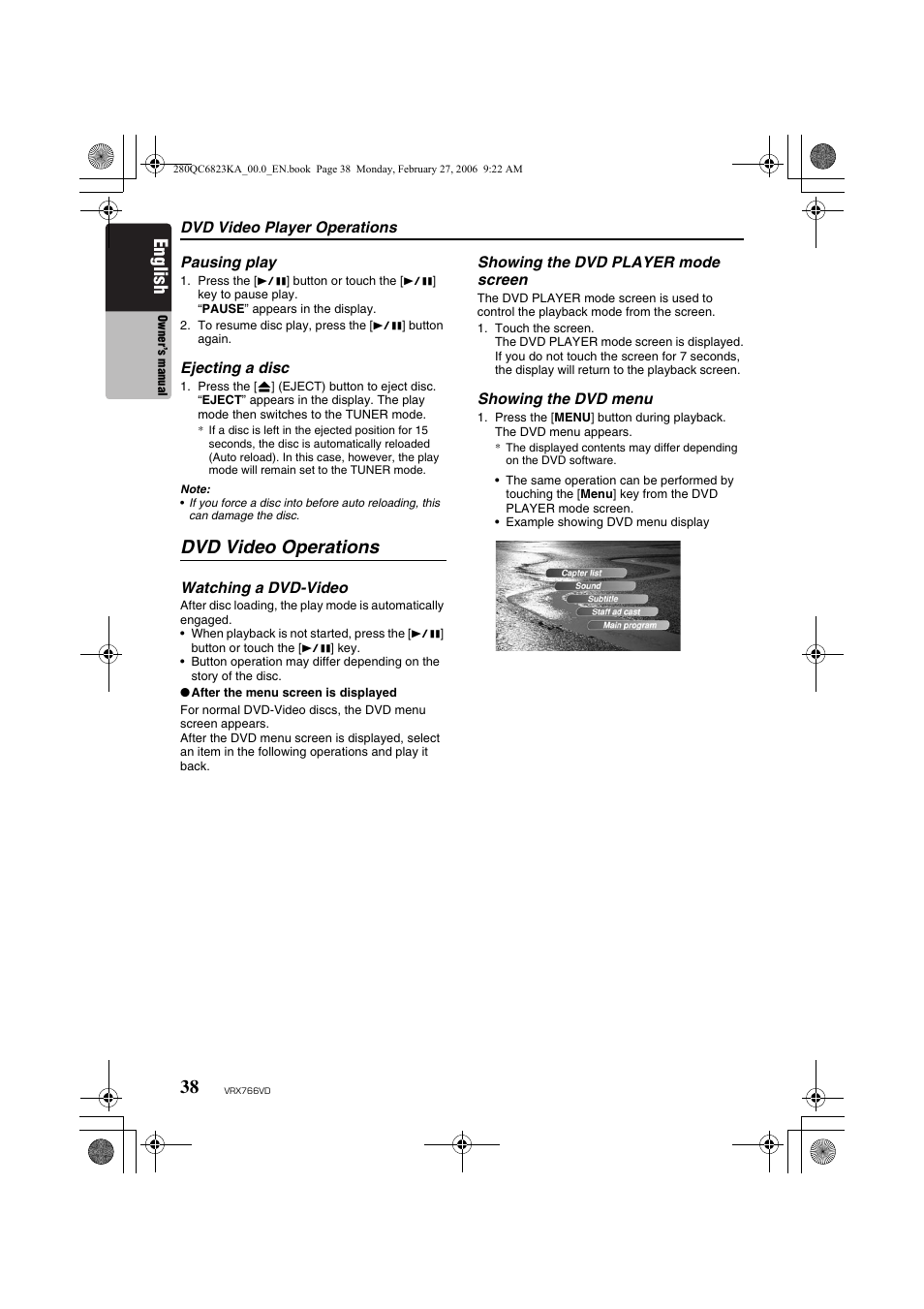 Dvd video operations, English | Clarion VRX766VD User Manual | Page 38 / 76