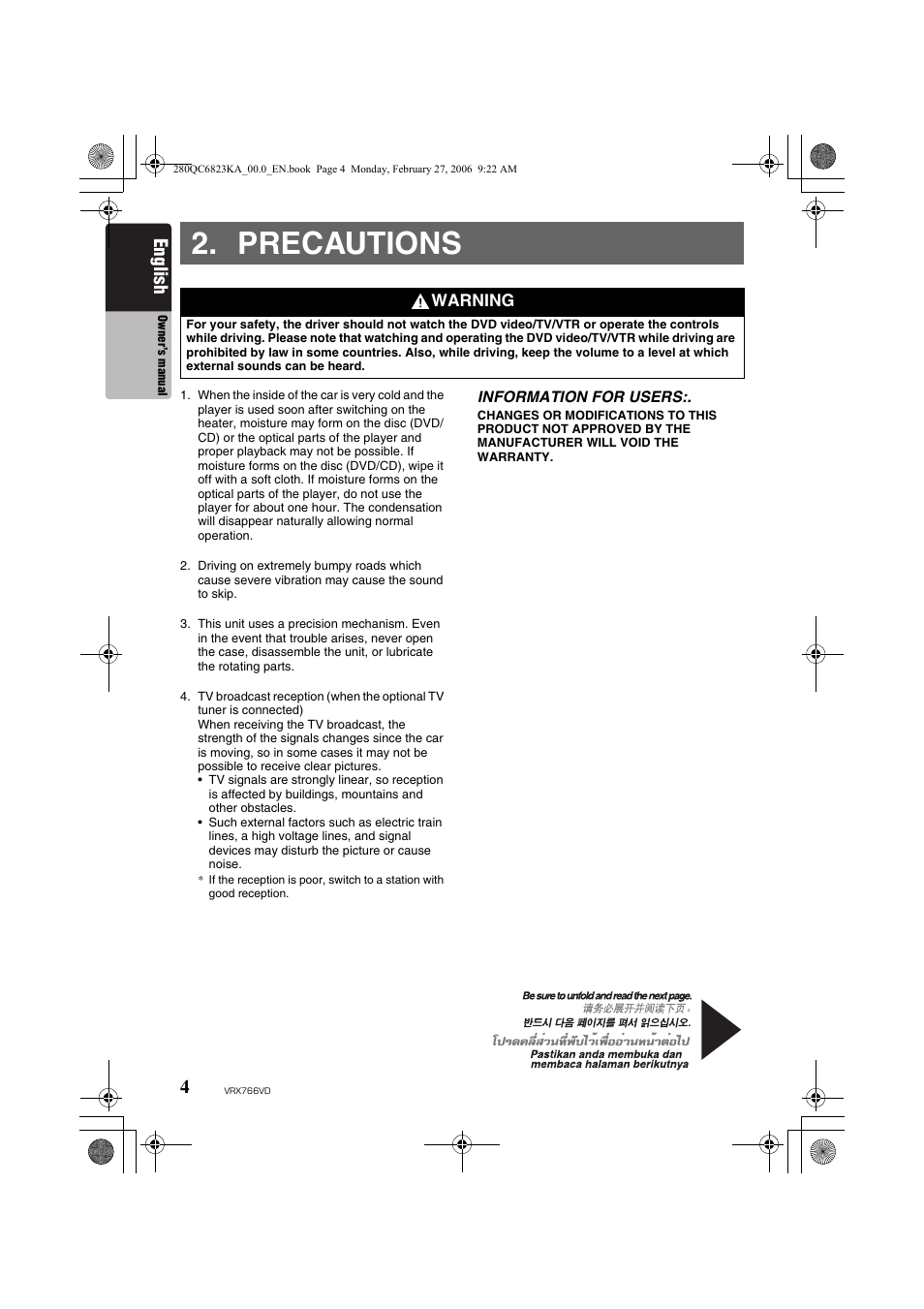 Precautions, English, Warning | Clarion VRX766VD User Manual | Page 4 / 76