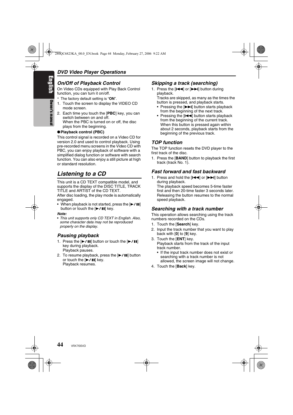 Listening to a cd, English | Clarion VRX766VD User Manual | Page 44 / 76